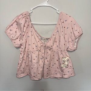 Pink Republic Floral Babydoll Top Size Large NWT Puff Sleeve Crop